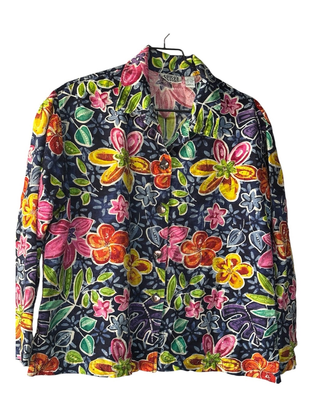 Chico's Navy Floral Silk Button-Up with Pink and Green Accents